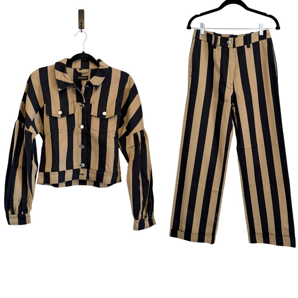 Stine Goya Striped Jacket Pants Co-Ord Set XS Tan Black Statement Scandi Chic - Picture 2 of 12
